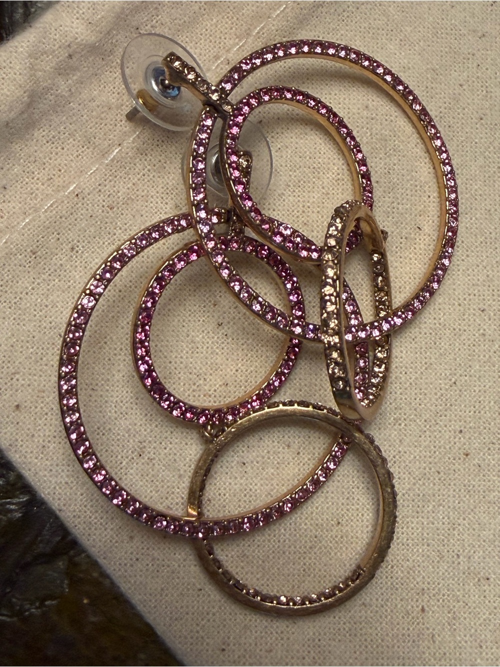 NWOT J. Crew Gold-Tone 2” Pink Crystal Multi-Hooped Drop Earrings